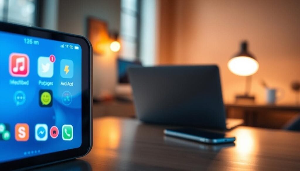 A modern, sleek mirror device screen displaying a digital interface that suggests advanced troubleshooting options for a mobile app. The foreground features a close-up view of the mirrored screen, showcasing vibrant colors, app icons related to social media, and a realistic reflection of surroundings. In the middle ground, a subtle hint of a casual workspace with a blurred laptop and smartphone can be seen, indicating an environment for tech-savvy users. The background consists of warm, ambient lighting that creates a professional vibe, with soft shadows enhancing the depth of the scene. The overall mood is focused and empowering, conveying a sense of innovation and modern technology, inviting the viewer to explore advanced methods for overcoming digital hurdles.