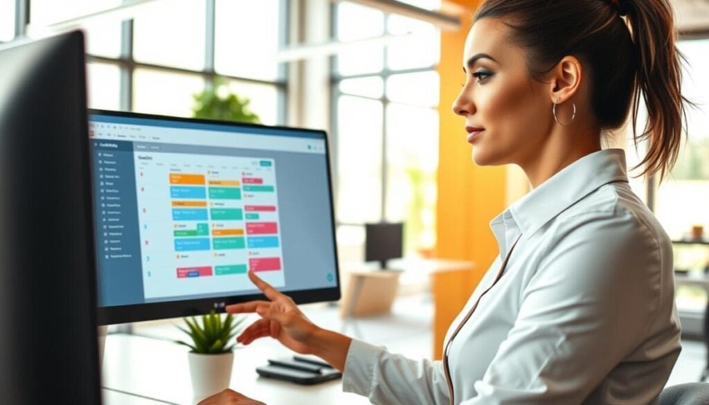 A modern, sleek office environment highlighting a digital schedule editor on a computer screen. In the foreground, a professional woman in business attire interacts with the software, looking focused and engaged. In the middle, the computer screen displays a vibrant, easy-to-navigate schedule editor, complete with color-coded shifts, employee names, and a calendar view. The background features a bright, spacious office with minimalist design elements, plants, and large windows letting in natural light, creating an uplifting atmosphere. The lighting is soft and warm, emphasizing productivity. The angle is slightly overhead, capturing both the user and the interface, conveying a sense of efficiency and organization in the scheduling process.