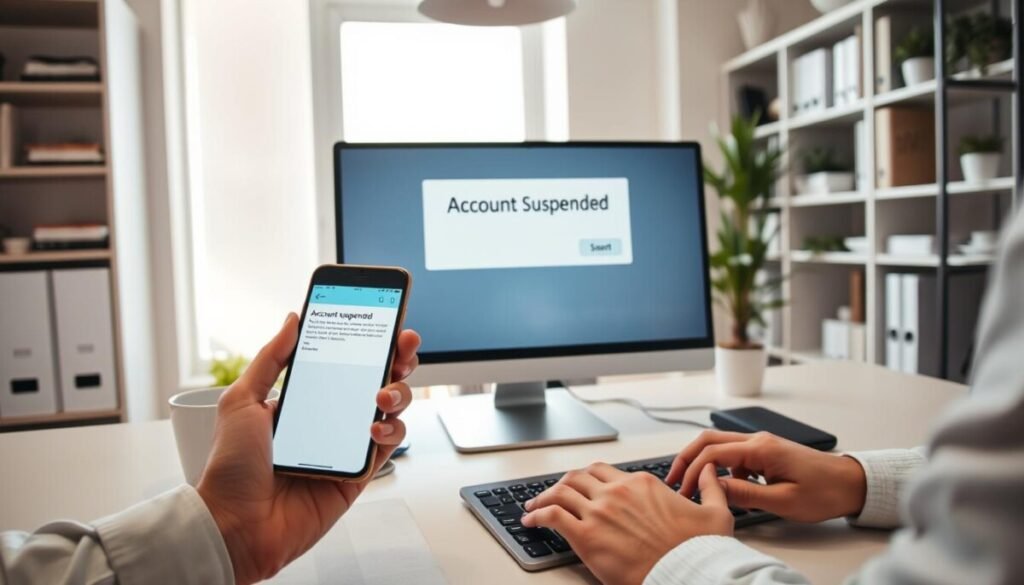A modern, sleek office workspace with a desktop computer displaying a user interface indicating "Account Suspended" in a prominently highlighted alert box. The foreground features a pair of hands, one holding a smartphone showing a data request email, while the other is poised over the keyboard ready to type. In the middle, a cup of coffee sits beside the computer, adding a touch of warmth. The background reveals shelves lined with books and plants, with soft natural light filtering through a window, creating a calm yet slightly tense atmosphere. The overall mood should reflect determination and focus, highlighting the seriousness of addressing account issues in a professional context. The image captures a moment of decision-making in the face of digital challenges. A modern, sleek office workspace with a desktop computer displaying a user interface indicating "Account Suspended" in a prominently highlighted alert box. The foreground features a pair of hands, one holding a smartphone showing a data request email, while the other is poised over the keyboard ready to type. In the middle, a cup of coffee sits beside the computer, adding a touch of warmth. The background reveals shelves lined with books and plants, with soft natural light filtering through a window, creating a calm yet slightly tense atmosphere. The overall mood should reflect determination and focus, highlighting the seriousness of addressing account issues in a professional context. The image captures a moment of decision-making in the face of digital challenges.