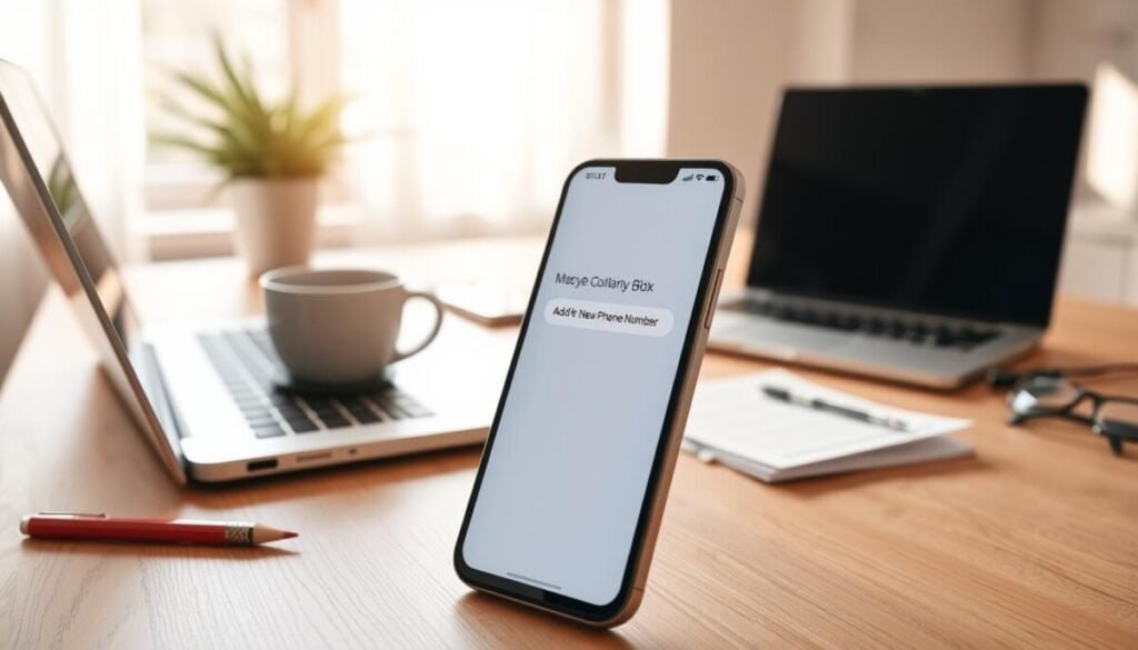 A modern, sleek smartphone displayed prominently in the foreground, showing the screen with a user-friendly interface indicating an "Add New Phone Number" option. Behind it, a stylish, minimalistic workspace with a laptop and notes scattered around, suggesting an organized yet casual atmosphere. The background features soft natural daylight filtering through a nearby window, casting warm, inviting shadows. On the desk, a cup of coffee sits beside the phone. The angle should be slightly elevated to capture both the phone’s screen and the workspace environment, focusing on clarity and detail. The overall mood conveys a sense of professionalism and approachability, making it ideal for troubleshooting guides.