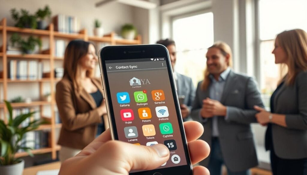 A modern smartphone displayed prominently in the foreground, showcasing a vibrant contact sync interface with colorful icons representing various social media platforms. In the middle ground, a diverse group of professionals, dressed in smart casual attire, discuss strategies for effective syncing and automation, hinting at collaboration and innovation. The background features a soft-focus office environment with shelves of technology books and plants, creating an inviting atmosphere. Warm, natural lighting floods the scene through large windows, enhancing the mood of productivity and creativity. The angle should be slightly high, providing a clear view of the smartphone and the engaged group, emphasizing their interaction with the technology. The overall vibe is energetic and forward-thinking, encapsulating the essence of connectivity and modern communication.