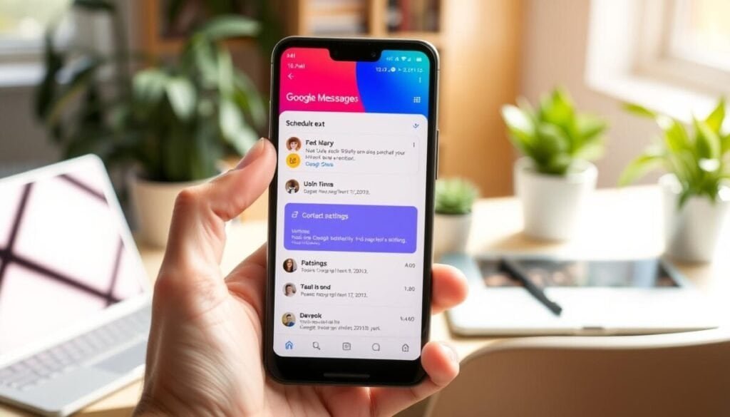A modern smartphone screen displaying the Google Messages application, prominently featuring a scheduled text message function. In the foreground, a hand gently touches the screen, highlighting the scheduling options like date and time. The middle section showcases a sleek, user-friendly interface with vivid colors, emphasizing notification settings and contact selections. The background features a cozy workspace, with a soft-focus view of a desk, laptop, and indoor plants, creating a warm, inviting atmosphere. The lighting is soft and natural, suggesting a bright afternoon. Capture a professional but approachable mood, with a clean and organized setup. No text or overlays are present in the image.