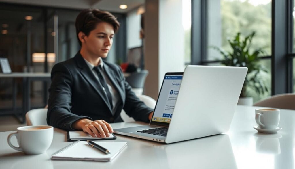 A modern, streamlined office environment as the backdrop, emphasizing a professional atmosphere. In the foreground, a person in business attire, focused and engaged, is seated at a sleek desk with a laptop open, displaying the Facebook support webpage. The middle ground shows a notepad and pen beside the laptop, and a coffee cup, hinting at a busy workday. Soft, natural light filters through a nearby window, creating an inviting and productive ambiance. The angle is slightly overhead, capturing both the person and the workspace. The mood is determined and hopeful, conveying the idea of reaching out for assistance and seeking solutions.