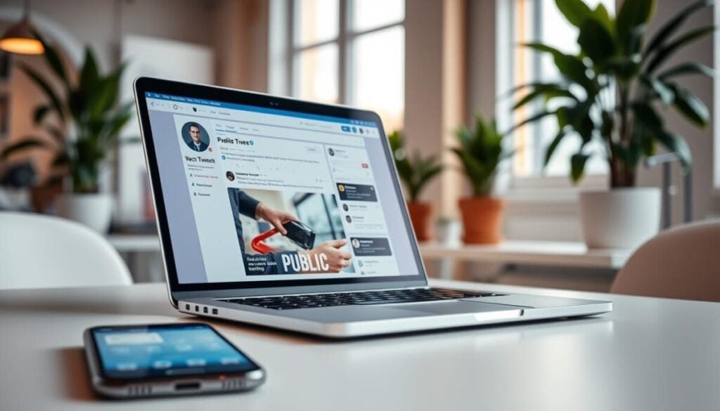 A modern website interface displayed on a sleek laptop sits on a minimalist desk in the foreground, showcasing a vibrant mockup of a social media page with tweets visible and highlighted as public. In the middle ground, there are elements such as a smartphone with notifications of new followers and engagement, emphasizing the user experience of public tweeting. The background features a softly blurred office environment with potted plants and a window allowing natural light to flood the scene, creating a warm atmosphere. The composition is shot at a slight angle to give depth, with a focus on the screen’s clarity. The overall mood is inviting and professional, promoting an engaging social media experience.