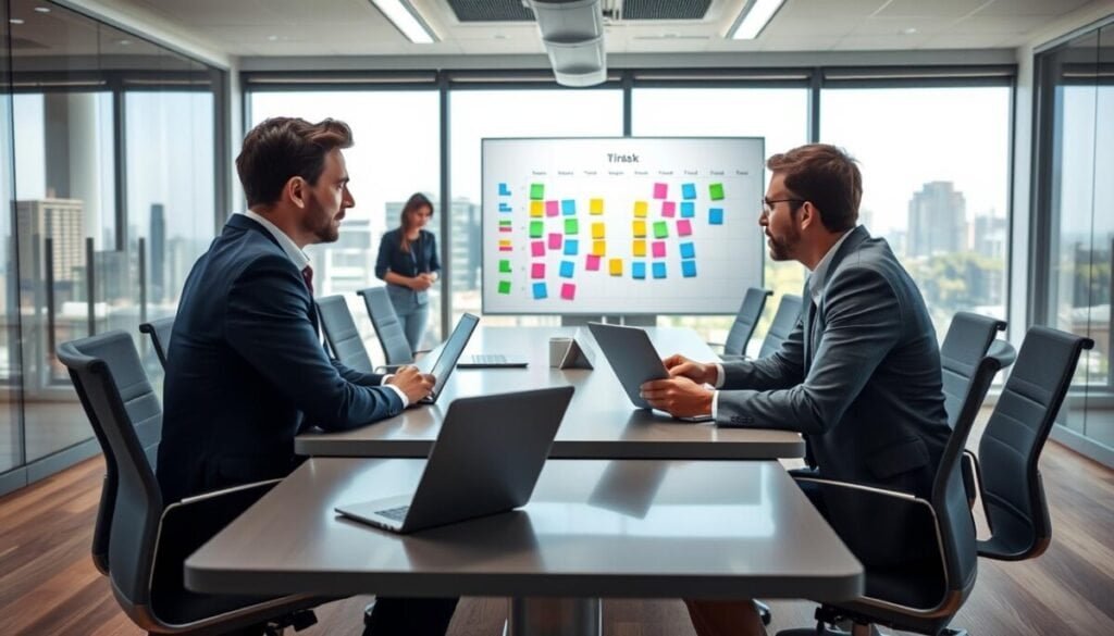 A modern, well-lit office space featuring a sleek conference table surrounded by chairs, filled with digital devices like laptops and tablets. In the foreground, a focused professional in business attire is engaged in conversation with a colleague, both looking thoughtful while discussing schedules. The middle ground showcases a large whiteboard filled with colorful notes and a calendar, symbolizing collaboration and organization. In the background, a large window allows natural light to flood the room, with a city skyline visible and hints of greenery outside, creating a vibrant yet professional atmosphere. The image conveys a sense of teamwork, productivity, and effective time management. The lighting is bright and inviting, emphasizing clarity and focus, captured from a slightly elevated angle for a comprehensive view.
