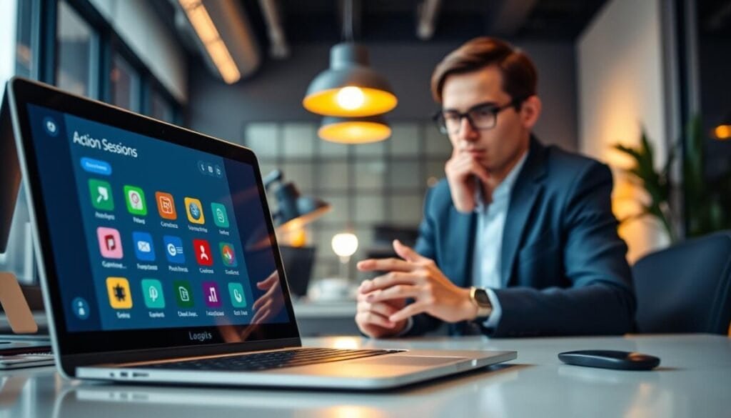 A modern workspace featuring a digital device interface displaying various app sessions. In the foreground, a sleek laptop screen shows a vibrant, user-friendly dashboard with colorful app icons and quick-access logout buttons, reflecting an action-oriented environment. In the middle, a professional individual, dressed in business casual attire, is thoughtfully interacting with the device, exuding focus and determination. The background includes a stylish office setup with a soft, warm light illuminating the space, creating an inviting atmosphere. The overall mood is energetic and productive, highlighting the theme of managing device logouts effectively and effortlessly, with a slight blur to emphasize the subject's interaction with technology.