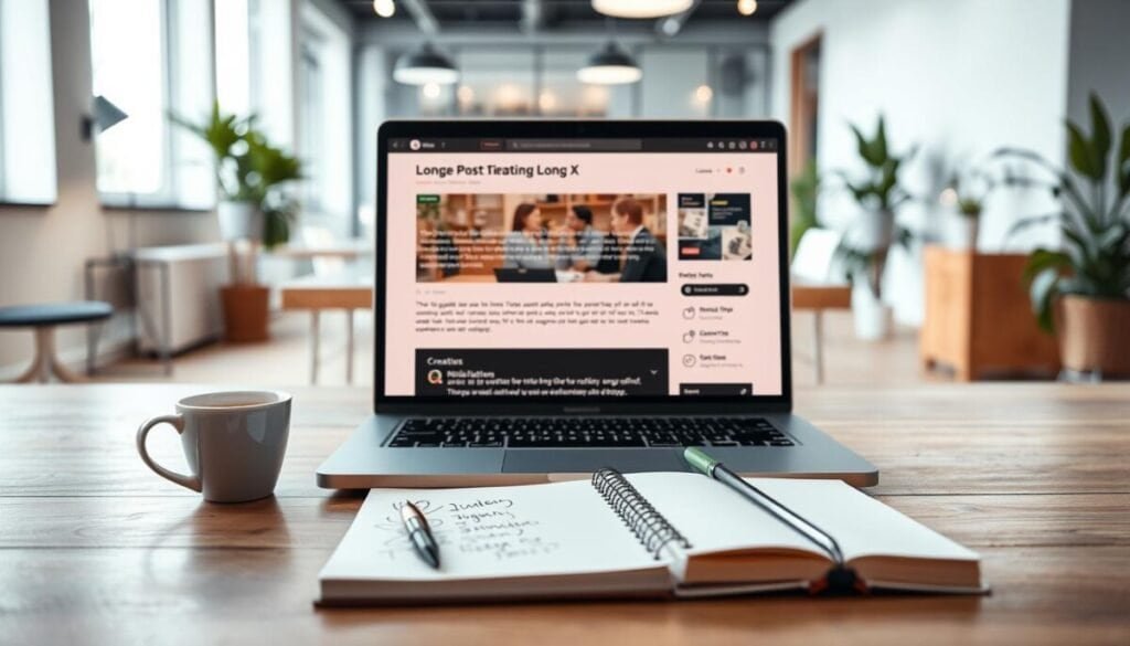 A modern workspace featuring a laptop displaying a sophisticated long post on the X platform, prominently highlighting premium features like text formatting and engagement metrics. In the foreground, a cup of coffee and a small notebook with ideas scribbled on it create an inviting atmosphere. In the middle, the laptop screen glows softly, showcasing a creative interface with visually appealing statistics and user-friendly icons. The background is a sleek, minimalistic office environment with indoor plants and ambient lighting, enhancing a sense of productivity and innovation. The overall mood is professional yet relaxed, suggesting a space where creativity thrives. Use natural light to evoke a warm and inspiring feel, captured from a slight overhead angle. No people or text should appear in the image. A modern workspace featuring a laptop displaying a sophisticated long post on the X platform, prominently highlighting premium features like text formatting and engagement metrics. In the foreground, a cup of coffee and a small notebook with ideas scribbled on it create an inviting atmosphere. In the middle, the laptop screen glows softly, showcasing a creative interface with visually appealing statistics and user-friendly icons. The background is a sleek, minimalistic office environment with indoor plants and ambient lighting, enhancing a sense of productivity and innovation. The overall mood is professional yet relaxed, suggesting a space where creativity thrives. Use natural light to evoke a warm and inspiring feel, captured from a slight overhead angle. No people or text should appear in the image.