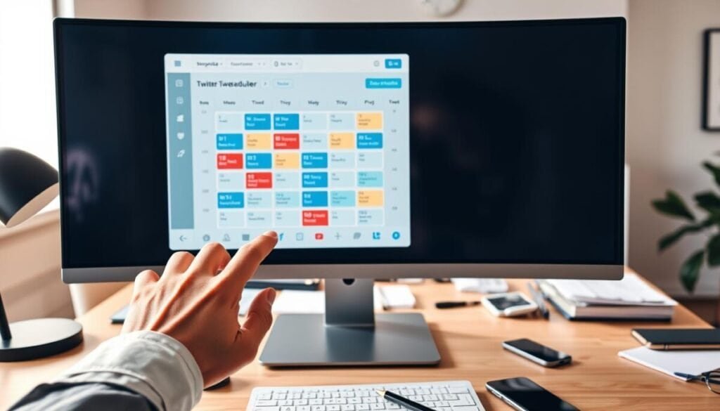 A modern workspace featuring a sleek computer monitor displaying a detailed tweet scheduler interface, with colorful calendar blocks and social media icons. In the foreground, a pair of hands, wearing professional business attire, interacts with the touch screen. The middle section shows a stylish desk cluttered with notes and digital devices, creating a productive atmosphere. The background has soft, ambient lighting from a window, casting natural light across the scene, enhancing the focus on the scheduler app. The mood conveys efficiency and creativity, showcasing the process of building a Twitter automation tool, with a vibrant color palette to evoke excitement.