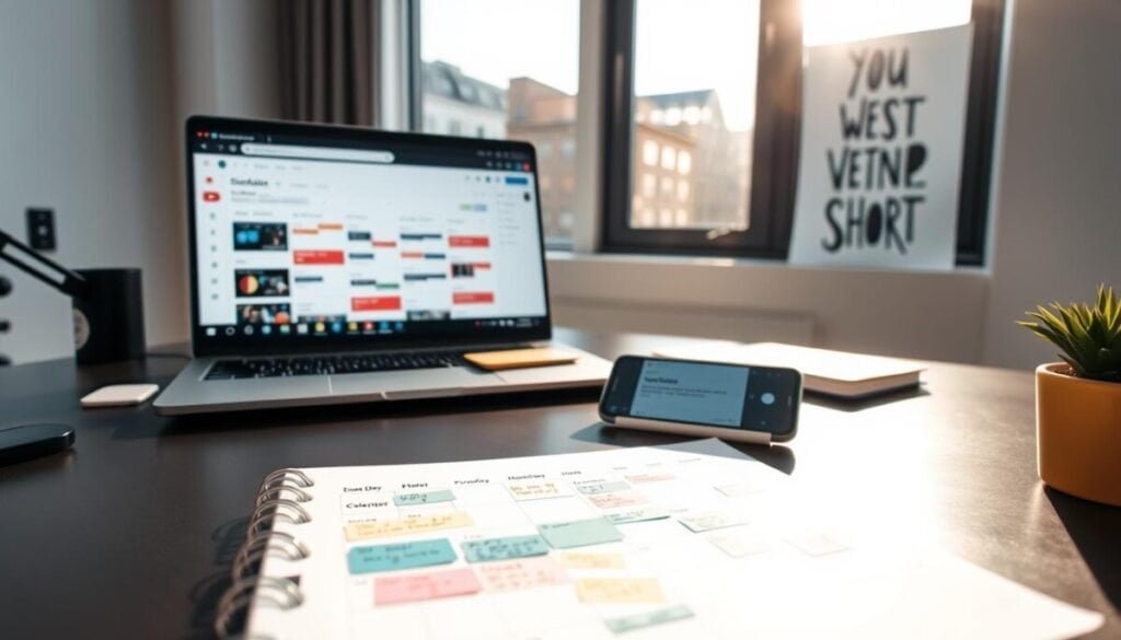 A modern workspace featuring a stylish desk with a laptop open to the YouTube dashboard displaying the scheduling interface for Shorts. In the foreground, a calendar planner filled with colorful notes and reminders highlights important dates for content uploads. The midground includes a sleek smartphone on the desk displaying a notification for an upcoming YouTube Short. In the background, a large window lets in natural light, illuminating a motivational poster related to content creation. The atmosphere is focused and productive, with a slight hint of creativity. Soft shadows create depth, and the scene is captured at eye level with a wide-angle lens, providing an inviting and engaging look at effective planning for YouTube content.
