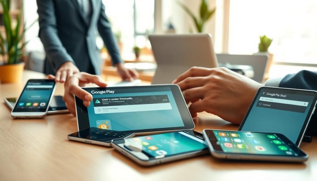 A modern workspace featuring an array of diverse android devices, including smartphones and tablets, showcasing their screens displaying the Google Play Store interface. In the foreground, a person in professional business attire is attentively updating an app on a sleek tablet; their hands are visually engaged with the touchscreen. In the middle ground, two more android devices lie next to each other, highlighting their vibrant app icons and update notifications. The background features a soft-focus office environment with a wooden desk, a laptop, and potted plants, creating a warm and inviting atmosphere. Bright, natural light streams in from a nearby window, casting gentle shadows and enhancing the clarity of the devices. The overall mood reflects innovation and efficiency, perfect for illustrating the process of updating apps.