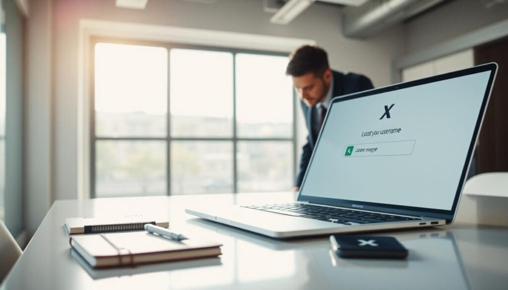 A modern workspace with a clean desk in the foreground, featuring a laptop displaying the X platform open on the screen, clearly showing the process of locating a username. A stylish notebook, a pen, and a smartphone with the X logo can be seen beside the laptop. In the middle ground, a person dressed in professional business attire is leaning slightly toward the laptop, focused and engaged in searching for their username, casting a soft reflection on the desk. In the background, a bright window allows natural light to pour in, illuminating the space with a warm, inviting glow. The atmosphere is calm and productive, emphasizing clarity and organization as the focal point of the image.