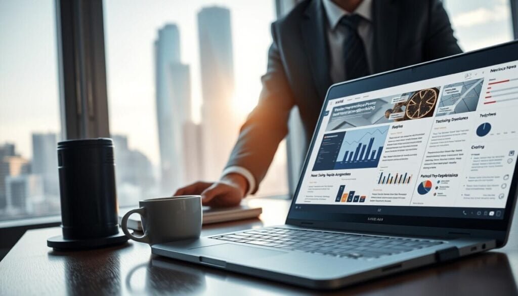 A modern workstation scene featuring a professional in business attire, focusing on a laptop screen displaying an AI interface for news aggregation. In the foreground, the laptop emits a soft glow, highlighting charts and trending news articles. The middle layer includes a cup of coffee and a notepad filled with brainstorming notes, creating an atmosphere of productivity. The background features a window with morning sunlight streaming in, casting soft shadows across the room, with a city skyline visible. The overall mood is dynamic and inspiring, emphasizing innovation and technology in the digital age. The composition should be balanced, with depth achieved through perspective, ensuring clarity and focus on the subjects.