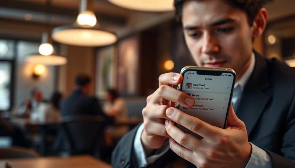 A person in professional business attire is using an iPhone to schedule tweets in a mobile browser. The foreground shows a close-up of the iPhone screen displaying the X Pro interface, clearly showing options for scheduling a tweet with a sleek, user-friendly design. The middle ground captures the person's focused expression, engaged with the device, fingers poised above the screen. In the background, a cozy cafe ambiance features soft, warm lighting from overhead lamps and blurred silhouettes of other patrons. The scene evokes a productive and relaxed atmosphere, emphasizing the ease of scheduling tweets on mobile. The overall image is bright and inviting, enhancing the sense of convenience and modernity in social media management.