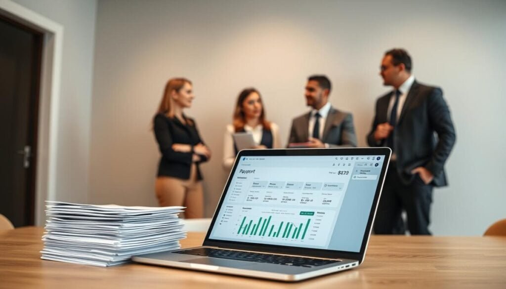 A professional business office setting, capturing the essence of a support payout account interaction. In the foreground, a laptop is open, displaying a clean, organized financial dashboard with graphs and payout options. To the side, a stack of neatly arranged paperwork, symbolizing the required documents for contacting Meta payments support, is visible. In the middle ground, a diverse group of three professionals—one woman and two men—are engaged in discussion, dressed in smart business attire, showcasing a collaborative atmosphere. The background features a wall with a large window letting in soft, natural light, creating an inviting and focused environment. The overall mood is one of professionalism and urgency, emphasizing the importance of resolving payout issues promptly.