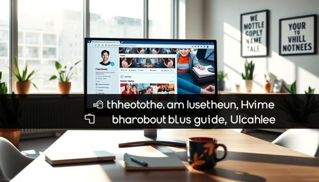 A professional business page layout displayed on a sleek computer monitor in a modern office environment. In the foreground, the monitor shows a well-organized Facebook Business Page featuring vibrant visuals, including a company logo, profile picture, and an overview of settings and permissions. The middle ground consists of a stylish desk with office supplies like a notebook and a coffee cup, emphasizing a productive atmosphere. The background features a large window with sunlight streaming in, casting soft shadows and adding warmth to the scene. The office is adorned with subtle decorations like potted plants and motivational wall art, creating an inviting workspace. The overall mood is focused and professional, perfect for illustrating a troubleshooting guide.