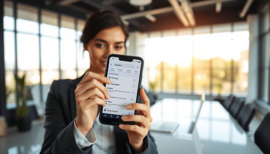 A professional businesswoman confidently using a smartphone, her fingers deftly navigating social media settings on the screen. In the foreground, the focus is on the phone, displaying user-friendly interface elements like privacy settings and visibility options. The middle ground features a soft, blurred modern office with a sleek desk and a laptop, suggesting a productive environment. In the background, large windows allow natural light to flood the room, casting a warm, inviting glow. The atmosphere is upbeat and empowering, representing the transition to a public account and the potential for increased visibility online. The woman is dressed in a smart business suit, embodying professionalism and confidence. The image is taken from a slight angle to highlight the screen’s content and her engaged expression.