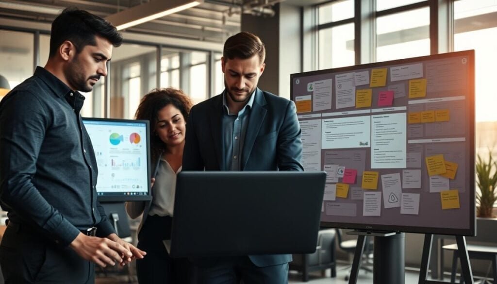 A professional, focused workspace dedicated to advanced email troubleshooting. In the foreground, a diverse team of three individuals in smart casual attire, intently analyzing a laptop, surrounded by technical charts and email flow diagrams. In the middle ground, a bulletin board displays troubleshooting tips and strategies, intricately pinned with colorful notes and flowcharts. The background features a sleek modern office with soft natural lighting streaming through large windows, casting a warm glow over the scene. A high-tech monitor displays a digital email interface with error messages being dissected. The mood is collaborative and analytical, emphasizing problem-solving and innovation in technology. The perspective is slightly elevated for a dynamic view of the brainstorming session.