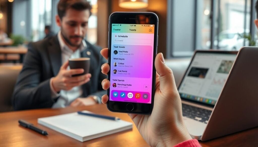 A professional individual, dressed in smart casual attire, is sitting in a cozy coffee shop, focused on their smartphone. In the foreground, the phone's screen displays a vibrant mobile app interface for scheduling tweets, with colorful icons and a user-friendly layout. In the middle ground, there's a stylish wooden table cluttered with a notepad, a cup of coffee, and a laptop open with social media analytics visible on the screen. The background features soft, warm lighting and modern decor, creating a relaxed atmosphere ideal for productivity. The scene captures a blend of technology and comfort, emphasizing the ease and speed of planning social media content on the go.
