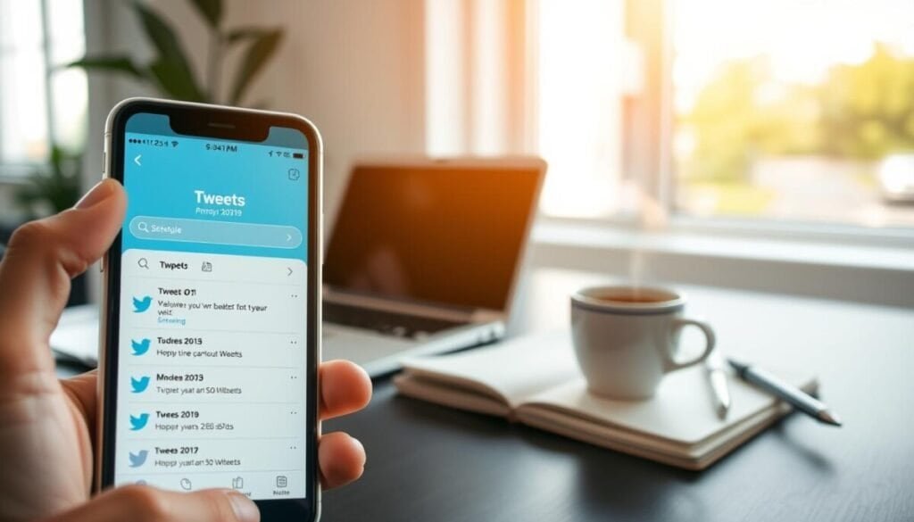 A professional looking workspace featuring a smartphone displaying a scheduling app for tweets on the screen. In the foreground, a close-up of a hand tapping on the app, highlighting interaction. The middle layer includes a clean desk with a laptop, a notebook with a pen, and a steaming cup of coffee, symbolizing productivity and focus. The background is softly blurred, showcasing a bright window with natural light streaming in, creating a warm and inviting atmosphere. Incorporate subtle graphics like engagement metrics, graphs, or icons around the phone to symbolize optimization and strategy. Use a wide-angle lens to emphasize the workspace, ensuring the mood is professional and encouraging, perfect for enhancing engagement through well-timed social media posts. A professional looking workspace featuring a smartphone displaying a scheduling app for tweets on the screen. In the foreground, a close-up of a hand tapping on the app, highlighting interaction. The middle layer includes a clean desk with a laptop, a notebook with a pen, and a steaming cup of coffee, symbolizing productivity and focus. The background is softly blurred, showcasing a bright window with natural light streaming in, creating a warm and inviting atmosphere. Incorporate subtle graphics like engagement metrics, graphs, or icons around the phone to symbolize optimization and strategy. Use a wide-angle lens to emphasize the workspace, ensuring the mood is professional and encouraging, perfect for enhancing engagement through well-timed social media posts.
