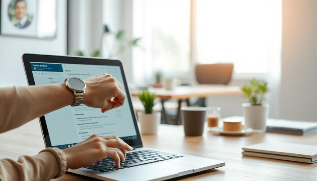 A professional, modern workspace depicted in a cozy office environment. In the foreground, a sleek laptop displays a user interface with hidden replies highlighted in a subtle manner. A hand, wearing a wristwatch, hovers above the laptop keyboard, poised to click. In the middle ground, a comfortable desk with plants and stationery adds warmth to the scene. The background features a large window letting in soft, natural light, illuminating the workspace with a calm and focused atmosphere. A gentle bokeh effect emphasizes the laptop and the user's interaction with the interface. The overall mood is one of productivity and clarity, inviting viewers to engage with the concept of managing conversations online.