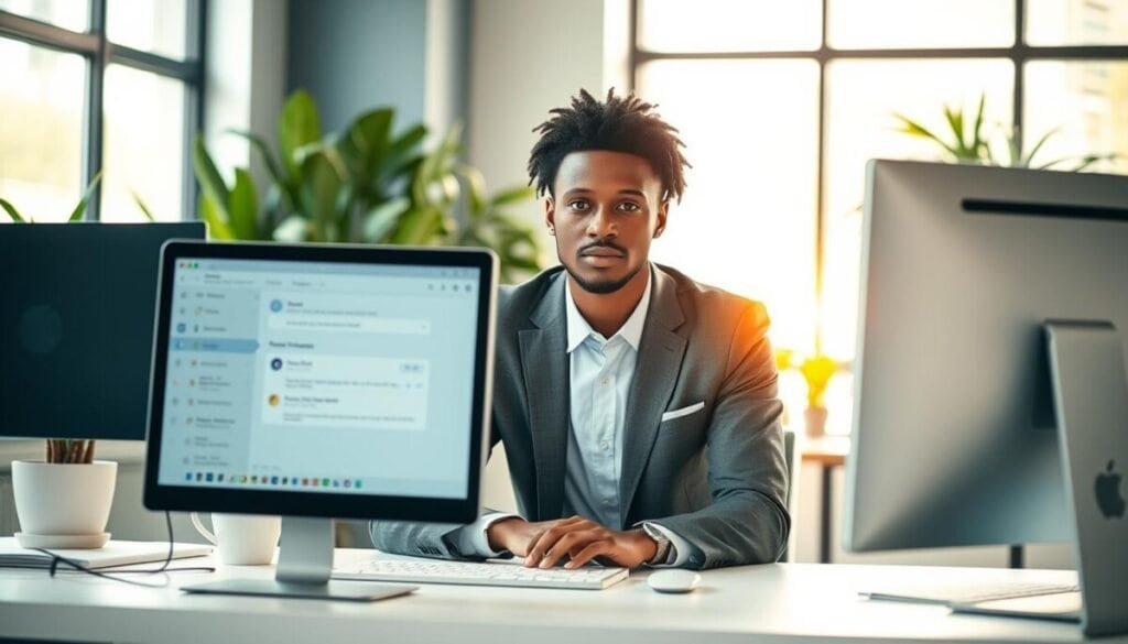 A professional office environment with a modern computer setup is in the foreground. On the screen, visible elements of a digital messaging application are displayed, highlighting an interface for editing a scheduled message. The middle layer features a focused business professional, a diverse individual in smart casual attire, sitting at the desk with an expression of concentration. The background presents a softly lit open workspace with potted plants and a large window, gently illuminating the scene with natural daylight. The atmosphere conveys productivity and calm, inviting viewers to engage with the process of managing communications effectively. The overall composition should ensure clarity and sharpness, captured from a slightly elevated front angle to showcase the interaction with the screen.