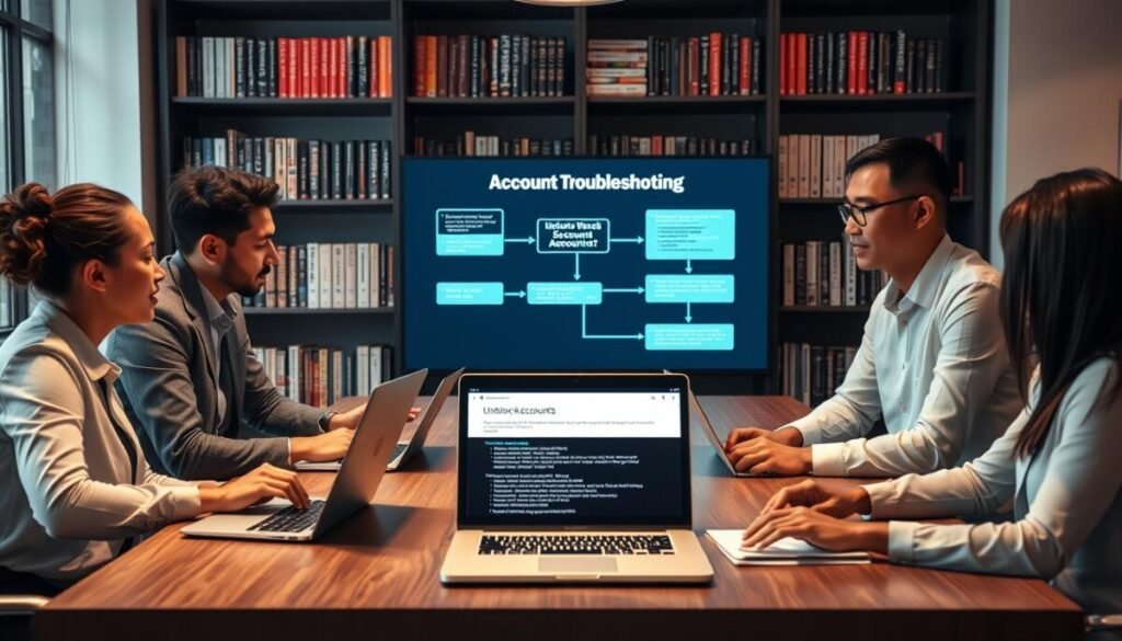 A professional office setting focusing on account troubleshooting. In the foreground, a diverse group of three people, dressed in smart business attire, are gathered around a conference table with laptops open, discussing various troubleshooting issues. In the middle, a digital display shows a flowchart outlining steps to unblock accounts, while a laptop screen offers a close-up of error messages. The background features shelves filled with tech books and resources related to social media and account management, bathed in soft, warm lighting for a welcoming atmosphere. Use a slight overhead angle to capture the collaborative nature of the scene, projecting a sense of focused problem-solving and teamwork.