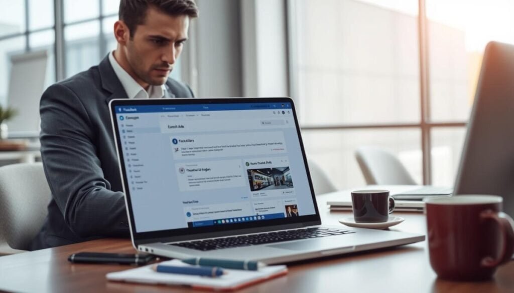 A professional office setting with a focus on a sleek laptop displaying a Facebook Ads dashboard. In the foreground, a business professional in smart casual attire, looking focused, is examining the screen with a furrowed brow. The middle layer features the laptop screen highlighting an error message about ad restrictions, surrounded by business accessories like a notepad, pen, and coffee cup. The background showcases a modern office with glass windows and soft natural light streaming in, creating an atmosphere of clarity and concentration. The scene conveys a sense of urgency and problem-solving, emphasizing the challenges of digital advertising on social media. A professional office setting with a focus on a sleek laptop displaying a Facebook Ads dashboard. In the foreground, a business professional in smart casual attire, looking focused, is examining the screen with a furrowed brow. The middle layer features the laptop screen highlighting an error message about ad restrictions, surrounded by business accessories like a notepad, pen, and coffee cup. The background showcases a modern office with glass windows and soft natural light streaming in, creating an atmosphere of clarity and concentration. The scene conveys a sense of urgency and problem-solving, emphasizing the challenges of digital advertising on social media.