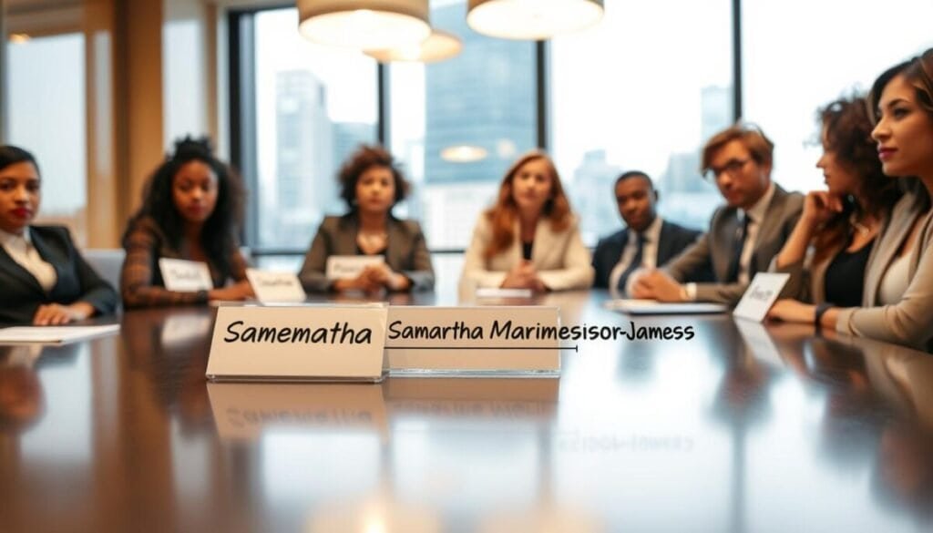A professional setting featuring a diverse group of individuals seated around a conference table, each displaying a name tag with multi-word surnames. The foreground shows a close-up of one name tag reading "Samantha Marie Thompson-James" against the polished table surface. In the middle, colleagues in smart business attire engage in discussion, their expressions focused and attentive. The background reveals soft lighting emanating from contemporary pendant lights, creating a warm and inviting atmosphere. A blurred cityscape can be seen through large windows, emphasizing a corporate environment. The overall mood is serious yet collaborative, illustrating the importance of identity and representation in professional spaces. A professional setting featuring a diverse group of individuals seated around a conference table, each displaying a name tag with multi-word surnames. The foreground shows a close-up of one name tag reading "Samantha Marie Thompson-James" against the polished table surface. In the middle, colleagues in smart business attire engage in discussion, their expressions focused and attentive. The background reveals soft lighting emanating from contemporary pendant lights, creating a warm and inviting atmosphere. A blurred cityscape can be seen through large windows, emphasizing a corporate environment. The overall mood is serious yet collaborative, illustrating the importance of identity and representation in professional spaces.