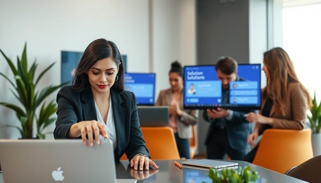 A professional team meeting in a modern office space, depicting a few individuals in business attire, focused on their laptops and virtual screens displaying Microsoft Teams status indicators. In the foreground, a female team member adjusts her status using a laptop, her expression thoughtful and engaged. The middle ground features a diverse group of colleagues discussing solutions, showing various status updates on their screens, including "Available," "Busy," and "Offline." The background displays a sleek office environment with soft lighting, large windows allowing natural light, and decorative plants to enhance the atmosphere. The overall mood is collaborative and focused, emphasizing problem-solving and communication in a tech-savvy workplace.