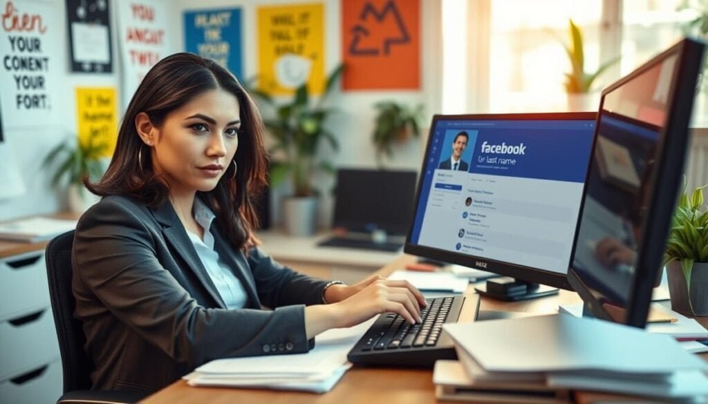 A professional woman sits at a desk cluttered with paperwork and a computer displaying a Facebook profile page. She is dressed in business attire, looking contemplative as she examines her last name options. Her expression reflects the struggle of navigating Facebook’s real name policies. The foreground features her focused face and hands interacting with the computer keyboard. In the middle ground, the computer screen shows the Facebook logo and a list of name options, slightly blurred for perspective. In the background, a colorful office environment with motivational posters and plants creates a vibrant, hopeful atmosphere. The lighting is bright yet warm, emphasizing the importance of personal identity in a digital age, with a shallow depth of field to draw attention to her. A professional woman sits at a desk cluttered with paperwork and a computer displaying a Facebook profile page. She is dressed in business attire, looking contemplative as she examines her last name options. Her expression reflects the struggle of navigating Facebook’s real name policies. The foreground features her focused face and hands interacting with the computer keyboard. In the middle ground, the computer screen shows the Facebook logo and a list of name options, slightly blurred for perspective. In the background, a colorful office environment with motivational posters and plants creates a vibrant, hopeful atmosphere. The lighting is bright yet warm, emphasizing the importance of personal identity in a digital age, with a shallow depth of field to draw attention to her.