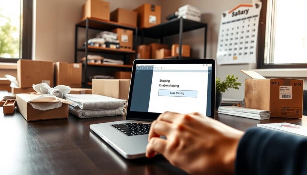 A professional workspace featuring a computer desk with an open laptop, displaying a clear interface of an online selling platform with an "Enable Shipping" button highlighted. In the foreground, a hand is poised over the keyboard, symbolizing action and intent. The middle ground features various shipping materials like boxes, bubble wrap, and labels, indicating the preparation for shipping. In the background, there's a well-organized shelf with shipping supplies and a calendar marking important shipping dates. The lighting is warm and inviting, coming from a nearby window, creating a focused yet friendly atmosphere. The angle captures the scene from a slightly elevated perspective, giving a comprehensive view of the workspace while maintaining a professional and organized vibe.