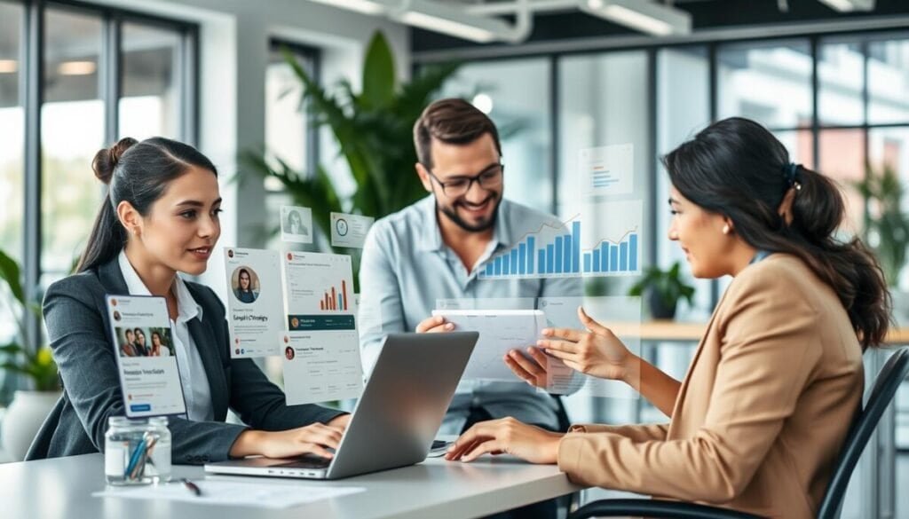 A professional workspace featuring a diverse group of three people collaborating efficiently. In the foreground, a woman in smart business attire sits at a laptop, managing multiple social media account interfaces displayed on the screen. She looks focused and engaged. In the middle ground, a man and woman work together, discussing strategies and analyzing data on a tablet. Charts and account metrics float semi-transparently around them. The background showcases a modern office with bright, natural lighting, large windows, and plants for a fresh atmosphere. The mood is productive and collaborative, emphasizing teamwork and organization. Include a soft bokeh effect for added depth.