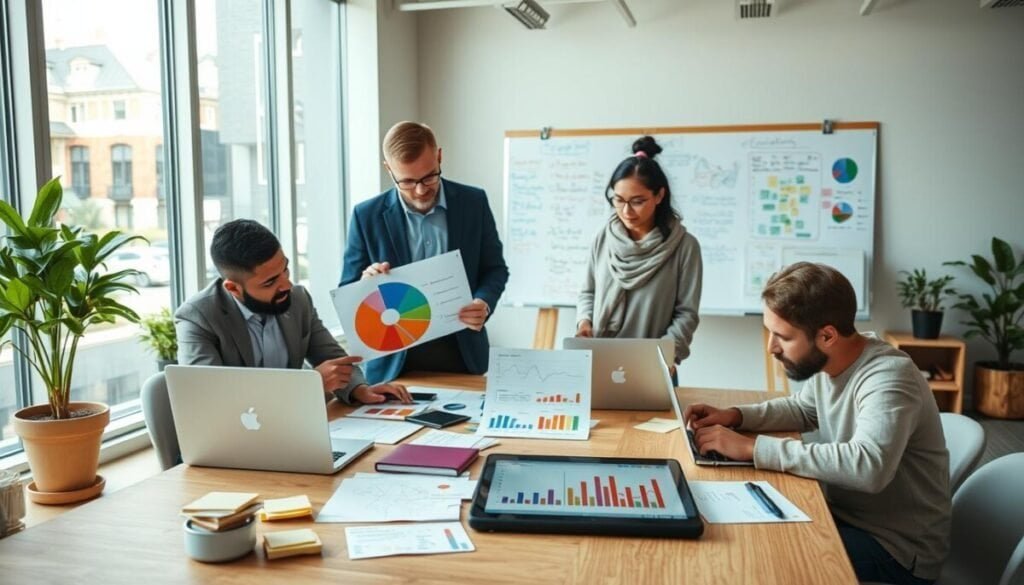 A professional workspace showcasing "audience niche research." In the foreground, a diverse group of three individuals—two men in business attire and one woman in modest casual clothing—analyze a colorful pie chart and graphs on laptops. In the middle, a large table covered with research materials, post-it notes, and a digital tablet displaying data analytics. In the background, a modern office space features a large whiteboard with brainstorming notes, plants for a touch of nature, and large windows allowing natural light to flood the room, creating a warm atmosphere. The angle is a slightly elevated perspective, providing a comprehensive view of the collaborative environment, emphasizing productivity and teamwork in content creation.