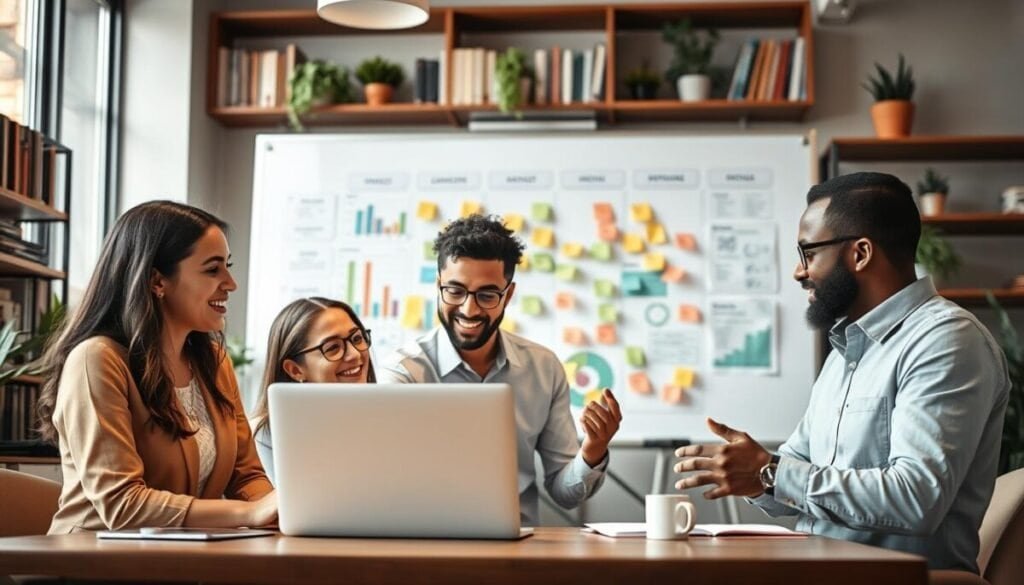 A professional workspace showcasing engagement and collaboration in a modern office setting. In the foreground, a diverse group of three professionals, two women and one man, are intently discussing data displayed on a laptop. They are dressed in smart casual attire, with warm lighting highlighting their expressions of concentration and enthusiasm. In the middle, a large whiteboard filled with colorful charts and post-it notes represents a dynamic brainstorming process. The background features shelves filled with books and plants, creating an inviting atmosphere. Soft natural light filters through the window, casting gentle shadows and enhancing a sense of openness and creativity. The overall mood is focused yet inspiring, capturing the essence of learning, iteration, and effective strategy in content creation.