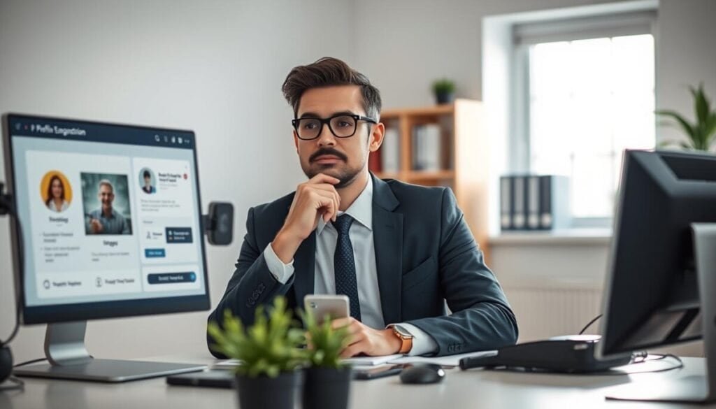 A professionally dressed individual, showcasing a thoughtful expression, sits at a modern desk surrounded by technological gadgets in a well-lit office setting. The foreground features a computer monitor displaying a user interface for profile customization, with subtle visual cues indicating image removal options. In the middle ground, a few plants add a touch of greenery, enhancing the calm atmosphere. The background reveals a bookshelf filled with business literature and a window letting in soft, natural light, casting gentle shadows. The overall mood is one of inquiry and resolution, with a color palette of cool blues and grays. Shot from an eye-level perspective with soft focus on the background to emphasize the subject, creating a professional yet inviting ambiance.
