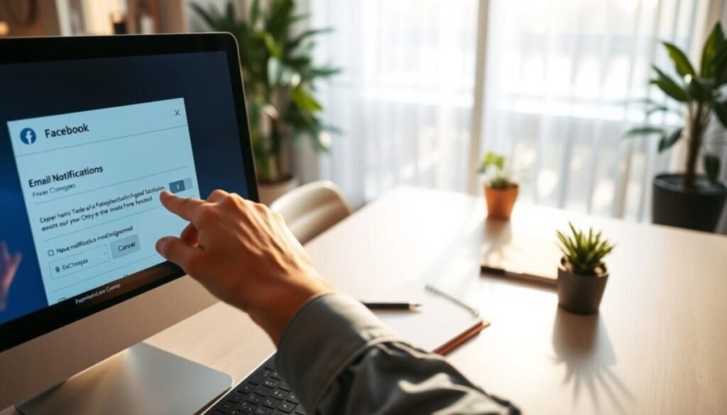 A serene and modern office setting is depicted in the foreground, featuring a desktop computer displaying the Facebook notification settings page, intricately focused on the "Email Notifications" section. The screen emits a gentle glow, creating a warm ambiance. A pair of hands, casually yet professionally dressed, are about to click the "Save Changes" button, symbolizing the act of stopping unwanted emails. In the middle ground, a sleek, stylish desk is adorned with a notepad, pen, and a small potted plant, enhancing the business-like atmosphere. The background contains a softly blurred window with natural light filtering in, casting dappled shadows across the room, evoking a sense of calm and productivity. The overall mood is focused yet relaxed, reflecting the theme of troubleshooting.
