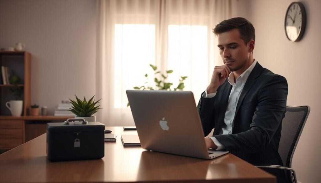A serene home office scene emphasizing privacy best practices. In the foreground, a professional-looking individual seated at a sleek desk, dressed in smart casual attire, thoughtfully reviewing privacy settings on a laptop. The middle ground features a neatly organized workspace with privacy essentials like a lockbox for documents and a potted plant to create a calming atmosphere. In the background, soft natural light filters through sheer curtains, illuminating the room in a warm tone that suggests a safe, productive space. A minimalistic wall clock adds to the sense of time management and focus. The overall mood is relaxed yet professional, highlighting the importance of privacy and security in a digital age.