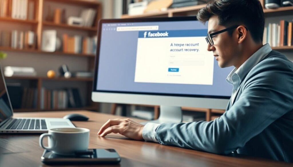 A serene, professional workspace depicting a computer screen showcasing the Facebook account recovery page. In the foreground, a focused individual dressed in smart casual attire is interacting with the screen, their expression reflecting determination. The middle layer includes a phone laying nearby, with visible notifications regarding account recovery, and a cup of coffee to the side, suggesting a thoughtful approach to the situation. The background is softly blurred, featuring bookshelves filled with technology and support resources, hinting at a troubleshooting atmosphere. The lighting is bright and natural, casting subtle highlights on the screen while creating a calm, inviting mood. The overall atmosphere conveys a sense of hopeful recovery and professionalism in overcoming tech challenges.