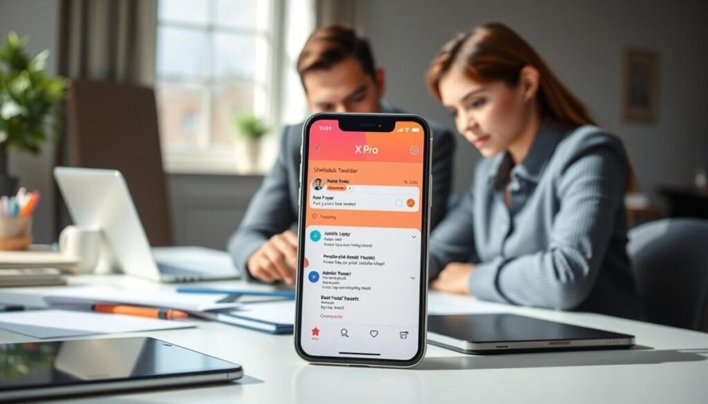 A sleek and modern workspace depicting a digital interface for scheduling tweets using the "X Pro" application on an iPhone. In the foreground, focus on a realistic iPhone displaying the X Pro app screen with vibrant colors, showcasing a user-friendly calendar view of scheduled tweets. The middle layer features a professional individual in modest business attire, interacting with the device, their expression thoughtful and engaged. In the background, a soft-focus desk littered with stationery and a laptop provides context, enhancing the professional atmosphere. Bright, natural lighting comes from a window, casting gentle shadows and creating a motivating ambiance. The overall mood is productive and organized, emphasizing effective social media management and modern technology workflows.