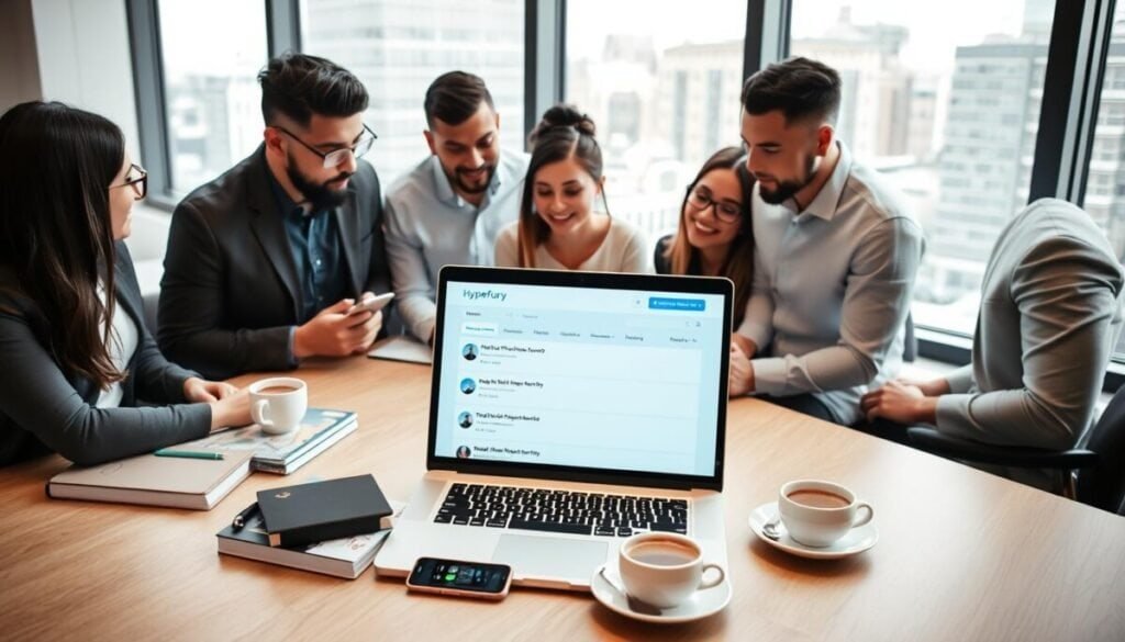 A sleek and modern workspace featuring a well-designed laptop displaying Hypefury's user-friendly interface, showcasing scheduled tweets in a clean layout. In the foreground, a diverse group of professionals in smart casual attire analyzes the screen with focused expressions, discussing strategies for Twitter marketing. The middle ground includes a stylish desk with digital marketing books, coffee cups, and a smartphone displaying social media notifications. The background features a large window with city views, allowing natural light to flood the room, creating a bright and inspiring atmosphere. The image captures a sense of productivity and creativity, emphasizing the benefits of efficient scheduling and monetization workflows in social media marketing. A sleek and modern workspace featuring a well-designed laptop displaying Hypefury's user-friendly interface, showcasing scheduled tweets in a clean layout. In the foreground, a diverse group of professionals in smart casual attire analyzes the screen with focused expressions, discussing strategies for Twitter marketing. The middle ground includes a stylish desk with digital marketing books, coffee cups, and a smartphone displaying social media notifications. The background features a large window with city views, allowing natural light to flood the room, creating a bright and inspiring atmosphere. The image captures a sense of productivity and creativity, emphasizing the benefits of efficient scheduling and monetization workflows in social media marketing.