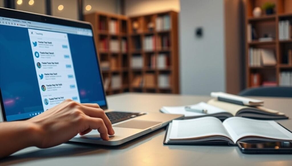 A sleek digital workspace showcasing a laptop screen displaying the X social media platform, with a highlighted section showing a list of deleted tweets. The foreground features a hand poised over a mouse, navigating a user-friendly interface. In the middle, the laptop emits a soft glow, symbolizing data recovery, while an open notebook and a smartphone lie beside it, suggesting research and analysis. The background reveals a modern office setting, with a blurred bookshelf and warm ambient lighting to create a focused yet inviting atmosphere. The image conveys a sense of efficiency and innovation, inviting viewers to explore the concept of effortlessly recovering deleted tweets.