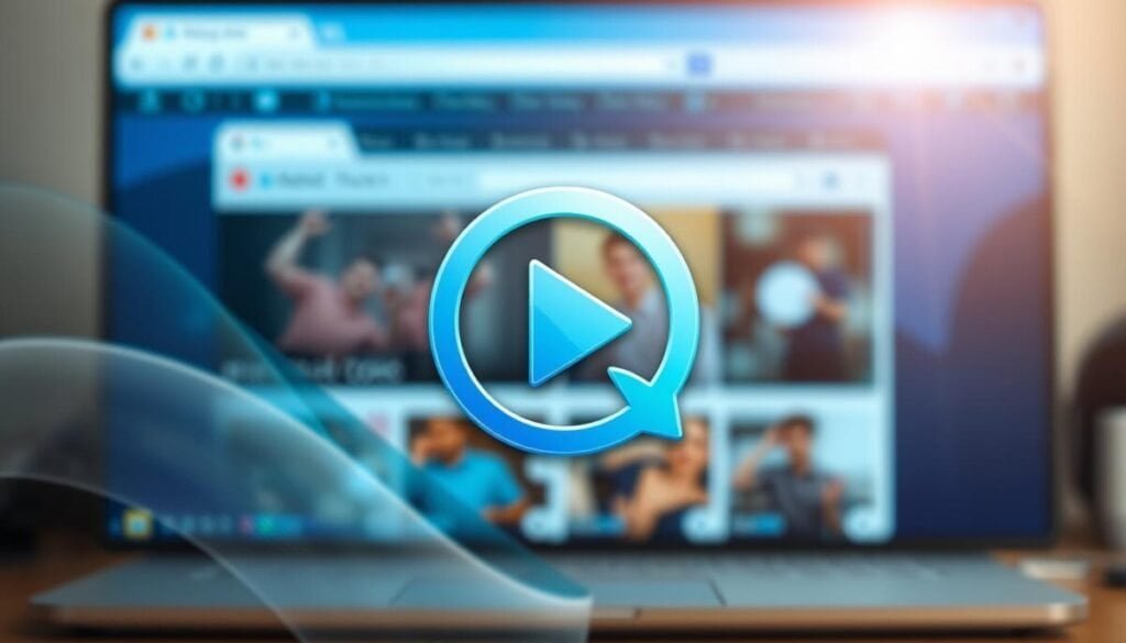 A sleek, modern browser extension icon displayed prominently in the foreground, designed to symbolize one-click video downloads. The icon should be stylized with a dynamic play button overlaying a download arrow, rendered in a professional color palette of blues and greens. In the middle ground, soft gradients of abstract digital patterns evoke a sense of technology and innovation, subtly hinting at a digital workspace. The background should feature a blurred computer screen showcasing a browser interface with an open video page, creating depth and context. The lighting is bright and crisp, with a slight lens flare effect to add vibrancy, alluding to the ease and efficiency of using extensions. The mood is optimistic and forward-thinking, perfect for illuminating the potential of tech solutions.