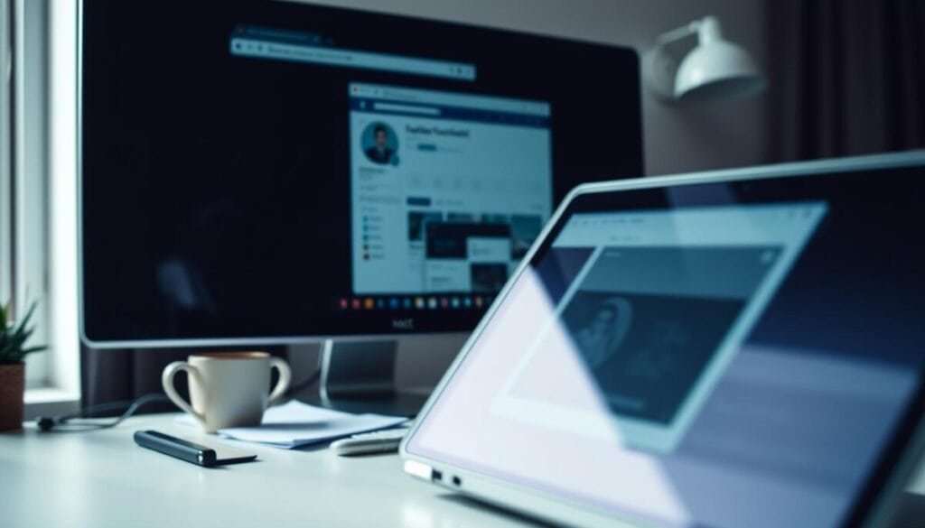 A sleek, modern desktop environment featuring a computer monitor displaying a web browser in incognito mode. The screen reveals a blurred Facebook page, emphasizing the privacy aspect. In the foreground, there's an open laptop, slightly angled, showing a partially obscured screenshot attempt. The composition should have a workspace vibe, with a subtle hint of a coffee mug and notes in the background. Soft, natural light filters in from a nearby window, illuminating the scene. The colors are muted, focusing on blues and grays, conveying a sense of calm frustration. Use a shallow depth of field to keep the foreground sharp while softly blurring the background, creating an intimate yet professional atmosphere. The angle should be slightly above the desk level, drawing the viewer into the experience.