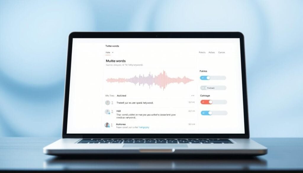 A sleek, modern digital workspace showcasing an advanced Twitter interface focused on muting words. In the foreground, an open laptop displays visuals of a user-friendly menu for muting specific keywords, featuring colorful toggles and aesthetically pleasing icons. In the middle, an abstract representation of sound waves or words fading in and out, symbolizing the muting process, adds a dynamic element. The background is a soft, blurred gradient of blue and white, evoking a calm, professional atmosphere. Soft lighting emphasizes the laptop screen while maintaining a subtle glow throughout the scene, creating a focused and engaging mood. The angle is slightly elevated, offering a clear view of the interface and enhancing the overall visual depth.