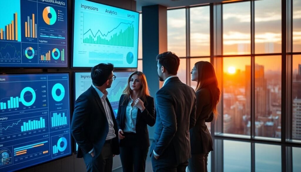 A sleek, modern office environment filled with large screens displaying vibrant digital dashboards showcasing "impressions analytics" metrics. In the foreground, a diverse group of three professionals in smart business attire are engaged in a discussion, pointing towards a graph with positive growth trends. The middle ground highlights data visuals like pie charts and bar graphs, colored in blue and green tones for a calming effect. The background features a panoramic view of a city skyline through large glass windows, illuminated by the warm glow of sunset light. The atmosphere is focused and collaborative, embodying a sense of urgency and determination as they strategize for sustainable earnings. The overall composition is dynamic and professional, captured with a slight depth of field to emphasize the analytics screens.