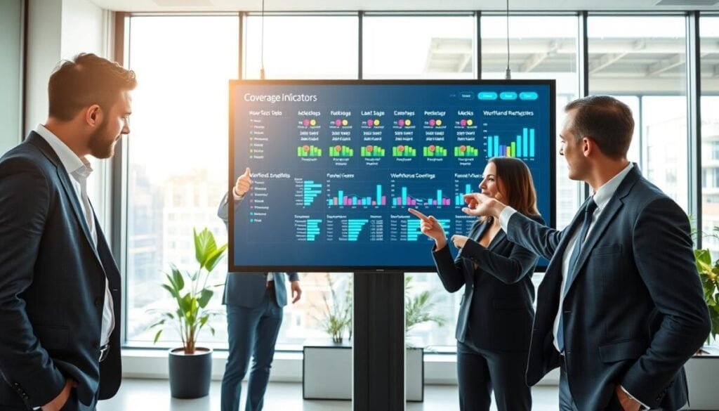 A sleek, modern office workspace featuring a large touchscreen display showing colorful coverage indicators in an organized grid layout. In the foreground, a diverse group of professionals—two men and a woman—dressed in smart business attire, are engaged in discussion, pointing towards the indicators. The middle section highlights a digital dashboard with vibrant graphs and charts, symbolizing workforce scheduling data. In the background, large windows let in natural light, creating a bright and uplifting atmosphere. The office is equipped with minimalist furniture and plants, enhancing the contemporary look. The overall mood is collaborative and efficient, conveying a sense of smart organization and strategic planning in workforce management. The image is captured with a wide-angle lens to encompass the entire scene.