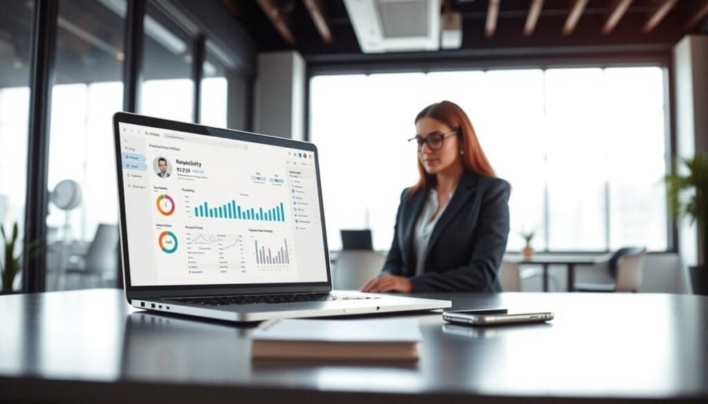 A sleek, modern office workspace featuring an open laptop displaying the Viva Insights dashboard, focused on productivity metrics and scheduling tools. The foreground shows a professional woman in smart casual attire, intently analyzing data charts on the screen. In the middle ground, a clean desk with a notepad and a smartphone, symbolizing organization and planning. The background features a large window with natural daylight streaming in, creating a bright and airy atmosphere. Soft shadows enhance the depth, while a lens with a slight bokeh effect blurs the background office decor. The overall mood is one of clarity, focus, and professionalism, perfect for illustrating productivity in the workplace. A sleek, modern office workspace featuring an open laptop displaying the Viva Insights dashboard, focused on productivity metrics and scheduling tools. The foreground shows a professional woman in smart casual attire, intently analyzing data charts on the screen. In the middle ground, a clean desk with a notepad and a smartphone, symbolizing organization and planning. The background features a large window with natural daylight streaming in, creating a bright and airy atmosphere. Soft shadows enhance the depth, while a lens with a slight bokeh effect blurs the background office decor. The overall mood is one of clarity, focus, and professionalism, perfect for illustrating productivity in the workplace.