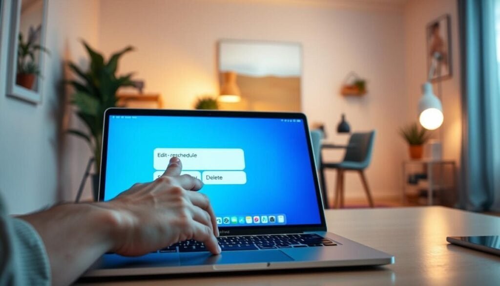 A sleek, modern workspace featuring a laptop displaying a colorful, intuitive interface for managing scheduled messages in iMessage. In the foreground, a hand poised over the laptop keyboard, delicately clicking the "edit" option on the screen. The middle section showcases a vibrant digital display with icons for "reschedule," "send now," and "delete," illuminated with soft blue and green lighting for a tech-savvy feel. The background reveals a softly blurred home office with warm, ambient lighting and minimalistic decor, suggesting a comfortable yet professional atmosphere. The overall mood is organized and efficient, conveying a sense of control and ease in managing communications. The angle captures the essence of productivity without any distractions or clutter.