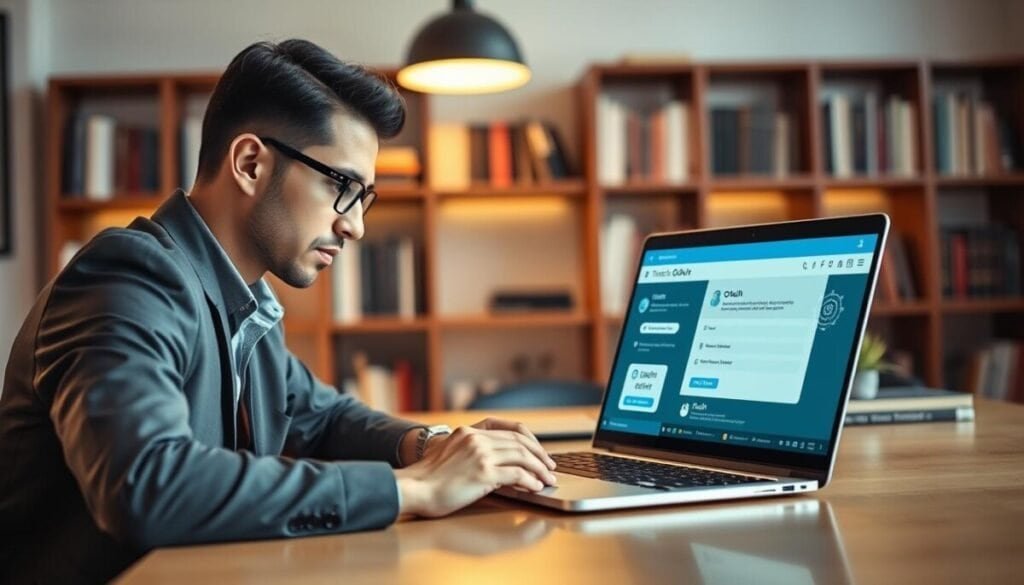 A sleek, modern workspace featuring a laptop displaying a user-friendly interface for Twitter OAuth authentication. In the foreground, a confident professional in business attire, focusing intently on the screen, engages with the app. The middle ground includes graphic elements like digital tokens and OAuth flow diagrams subtly integrated into the display. The background holds a stylish bookshelf filled with tech-related books, softly illuminated by warm desk lighting that creates an inviting atmosphere. A shallow depth of field emphasizes the laptop, while the overall image is bright and vibrant. Capture a sense of innovation and efficiency in automating Twitter content.