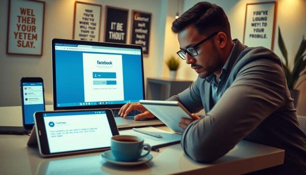 A sleek, modern workspace featuring a user troubleshooting a mobile app on a laptop displayed with an open web browser. In the foreground, the focus is on the laptop screen showing the Facebook login page, surrounded by a smartphone and tablet displaying various error messages. The user, a professional in smart casual attire, is engaged in problem-solving, with a look of concentration. The middle ground has a notepad with troubleshooting steps and a cup of coffee for added detail. The background has a softly lit office environment with motivational posters on the wall and a potted plant. The lighting is warm and inviting, creating a focused and determined atmosphere that conveys the essence of technical troubleshooting.